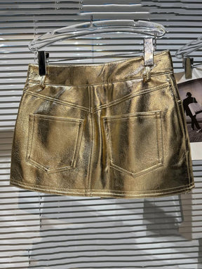 Leather Skirt Slim High Waist Zip Pockets Gold Glossy Pencil Skirts