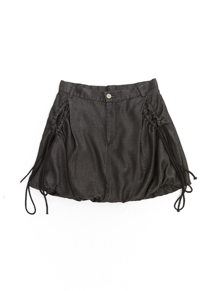 Drawstring High Waist Denim Folds Black A-line Mini Skirts