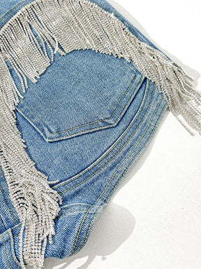 Shorts Slim High Waist Back Rhinestone Tassel Spilt Wid Leg Blue Denim Short