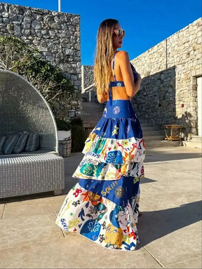 Two-piece Skirt Suit Straps Tube Top Skirt Sweet Printed Bra Naked Waist Chic Beach Dance Robe