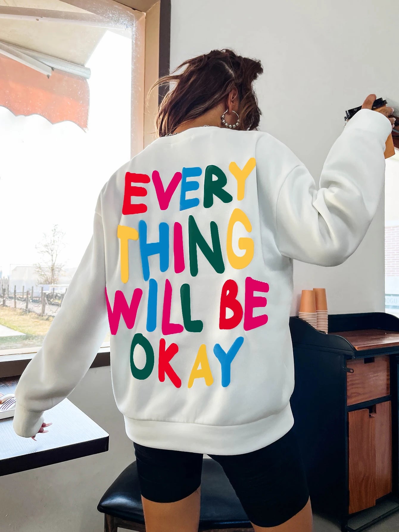 Everything Will Be Okay Letter Printed Womans Sweatshirt Drop-Shoulder Crewneck Pullover Fashion Casual Hoodies Female Clothing