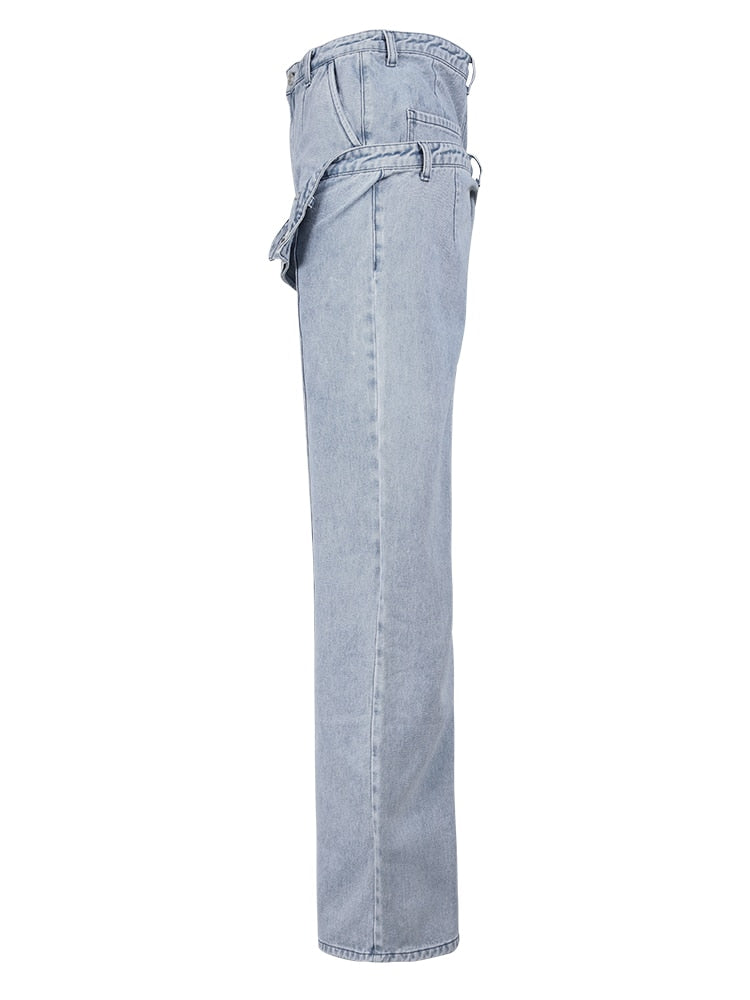 Women's Patchwork Double Waist Design Jeans Loose Straight Blue Streetwear Denim Pants Autumn