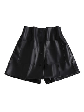 Leatehr Skirt High Waist Irregular Pockets Single Breasted A-line Hip Wrap Skirts