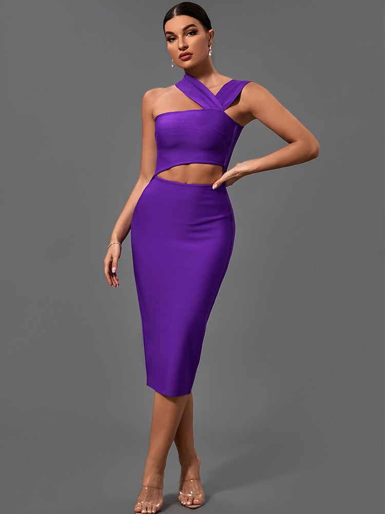 Purple Bodycon Dress Evening Party Elegant Sexy Cut Out Midi