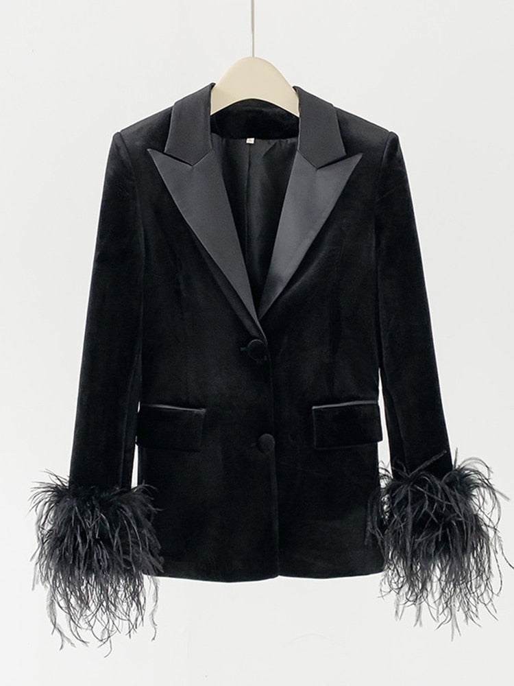 Stylish Designer Jacket Women's Single Button  Feather Embellished  Blazer