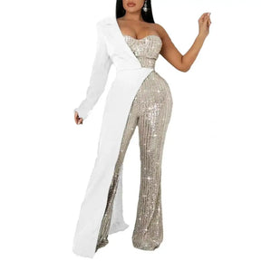 Jumpsuit Elegant One Shoulder Sequin Jumpsuit with Wide Leg Tight Waist