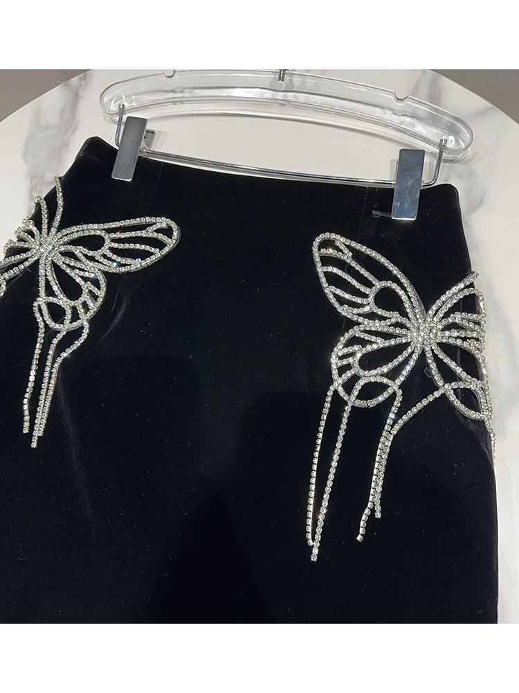 HIGH STREET Newest 2023 Designer Skirt Women's Big Butterfly Diamonds Beaded Tassel Velvet Skirt