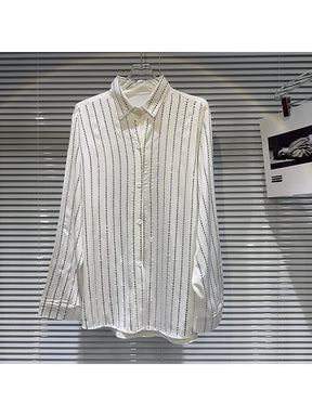 Designer Blouse Women's Vertical stripe Water Diamond Beaded Acetic Acid Fabric Shirt