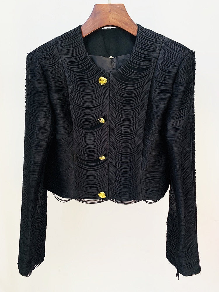 stylish Designer Jacket Women's Round Neck Shoulder Pad Long Sleeve Line Decoration Short Jacket