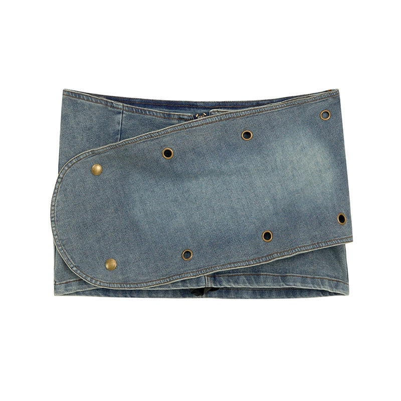 Women's Mini Denim Skirt Metal Decoration Hollow Out Zipper Blue Hip Wrap Short
