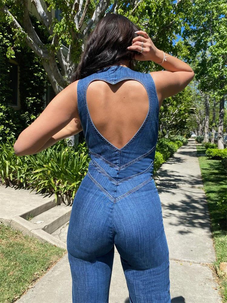 Blue Backless Heart Cutout Bodycon Jumpsuit For Women Summer Sleeveless Slim One-Piece Outfits