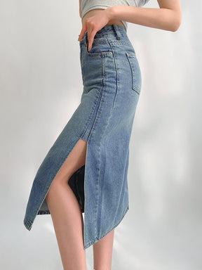 Slim High Waist Zipper Fly Side Slit Blue Mid-calf Denim Cotton Skirts