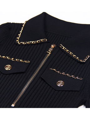 Fashion Designer Jacket Women's Zipper Lapel Short Sleeved Knit Top