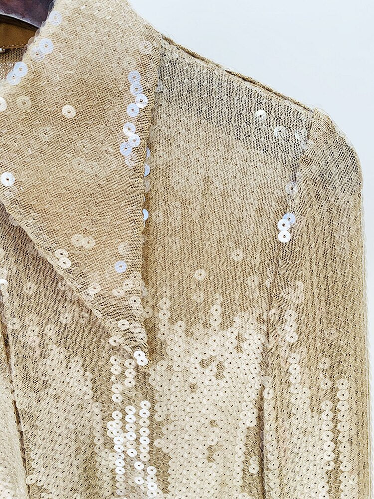 Designer Blouse Women's Flare Sleeve Glitter Sequined Gauze Shirt