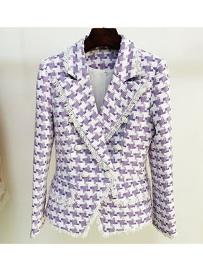 Designer Jacket Women's Lion Buttons Tassel Fringed Houndstooth Blends Tweed Blazer