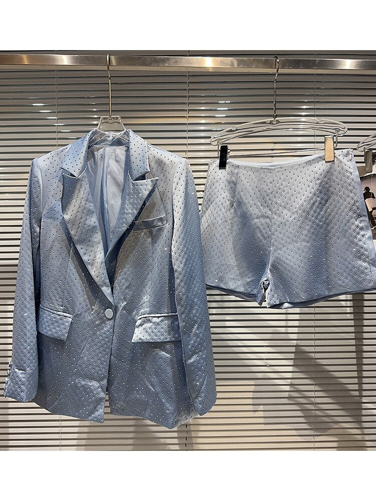Designer Blazer Suit Set Women's Single Button Diamonds Beaded  Blazer Shorts suit