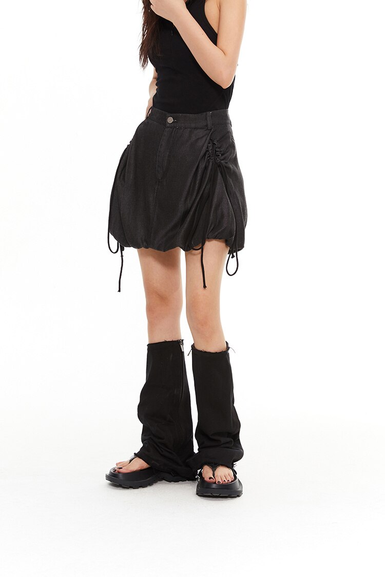 Drawstring High Waist Denim Folds Black A-line Mini Skirts