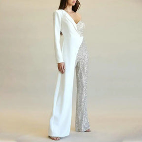 Jumpsuit Elegant One Shoulder Sequin Jumpsuit with Wide Leg Tight Waist