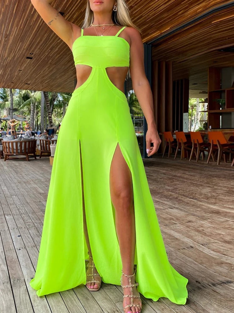 Sexy Vacation Dress Solid Long Dress Cut Out