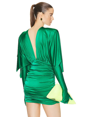 Draped Design Green Slim Thin Mini Dress With Gloves