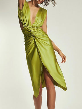Evening Dress Deep V-neck Slim Backless Irregular Twisted Split Waist Green Dresses