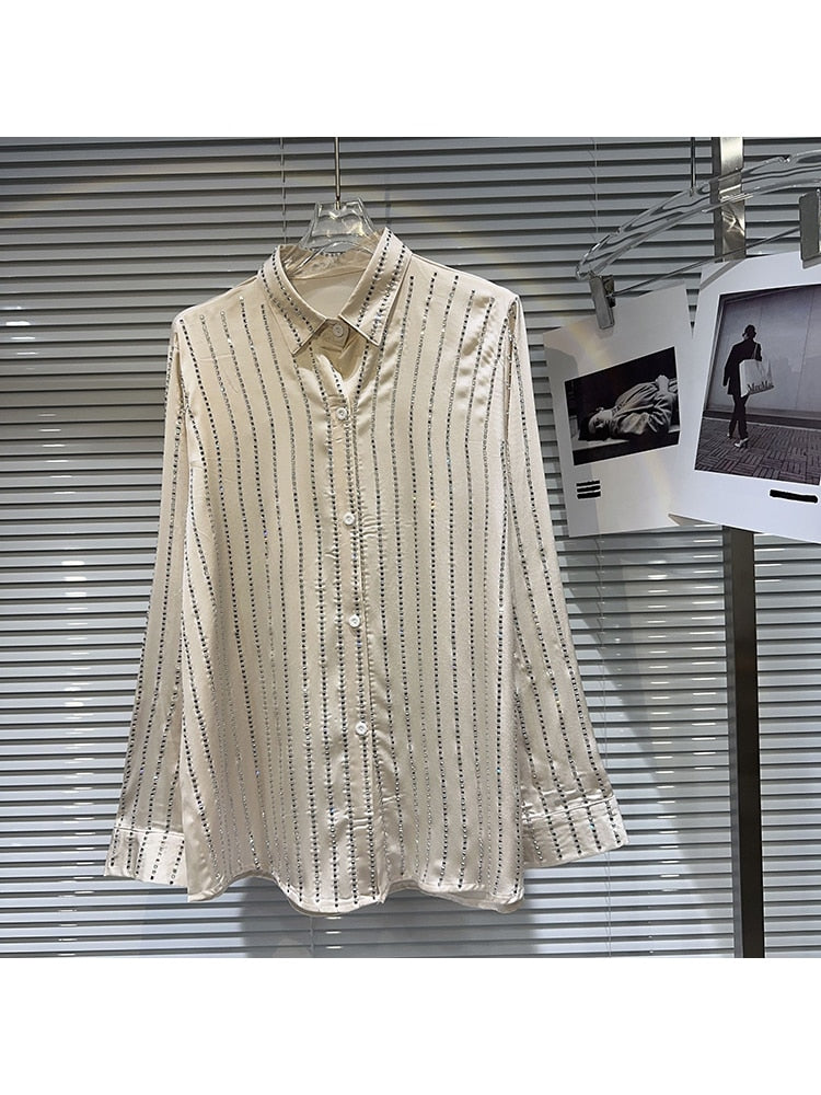 Designer Blouse Women's Vertical stripe Water Diamond Beaded Acetic Acid Fabric Shirt