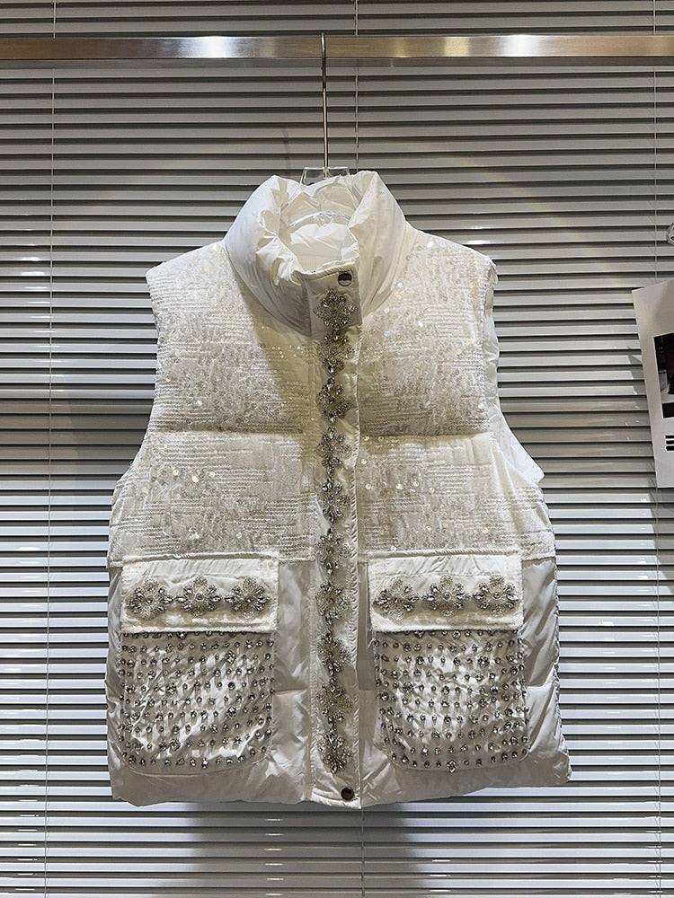 Fashion Designer Jacket Women's Sleeveless Rhinestone Diamonds Beaded Puffy Down Vest