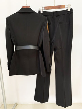 Designer Runway Suit Set Women's Colorful Diamonds Belted Blazer Flare Pants Suit 2pcs