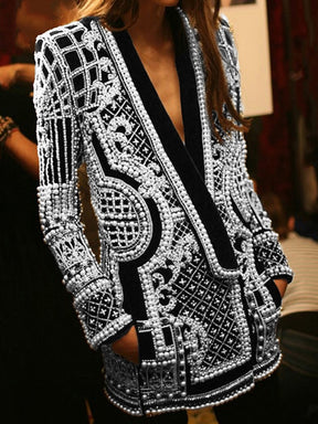Stylish Designer Jacket Women's V-neck Long Sleeve Luxurious Metallic Beaded  Long Blazer