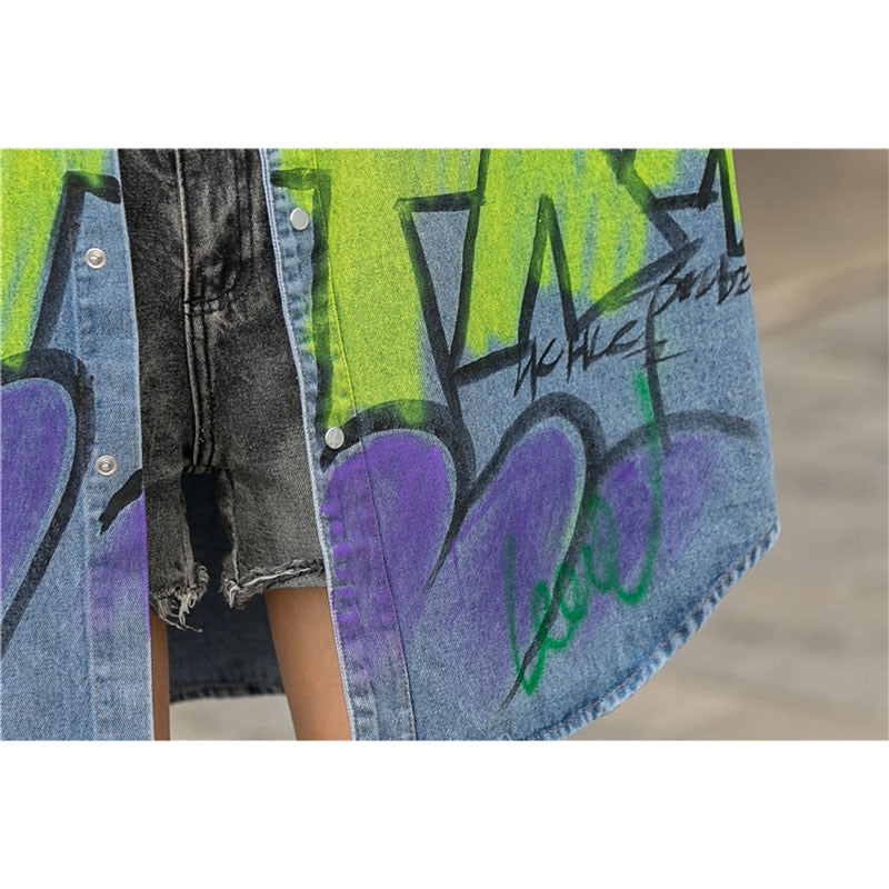 2023 Spring Fashion Letter Graffiti Print Women Denim Jacket Casual Lapel Long Sleeve Blue Jeans Jacket Casual Streetwear Autumn