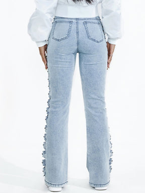 Denim Jeans Slim Zipper Hollow Out Rivet Spliced Solid Color High