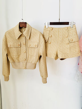 Runway Designer Suit Set Women's Pockets Lion Buttons Short Jacket Double Breasted Shorts 2pcs Set