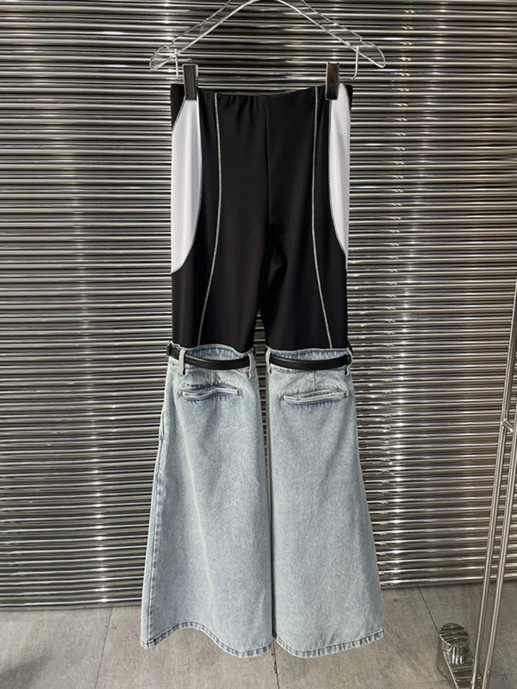 Women's Jeans Elastic High Waist Line Strap Patchwork Design Contact Color Denim Pants