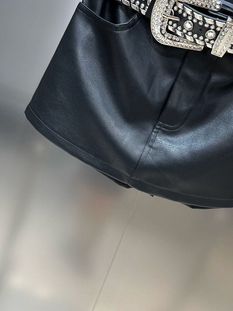 Designer Skirts Women's Riveted Waistband PU Leather Half Skirt