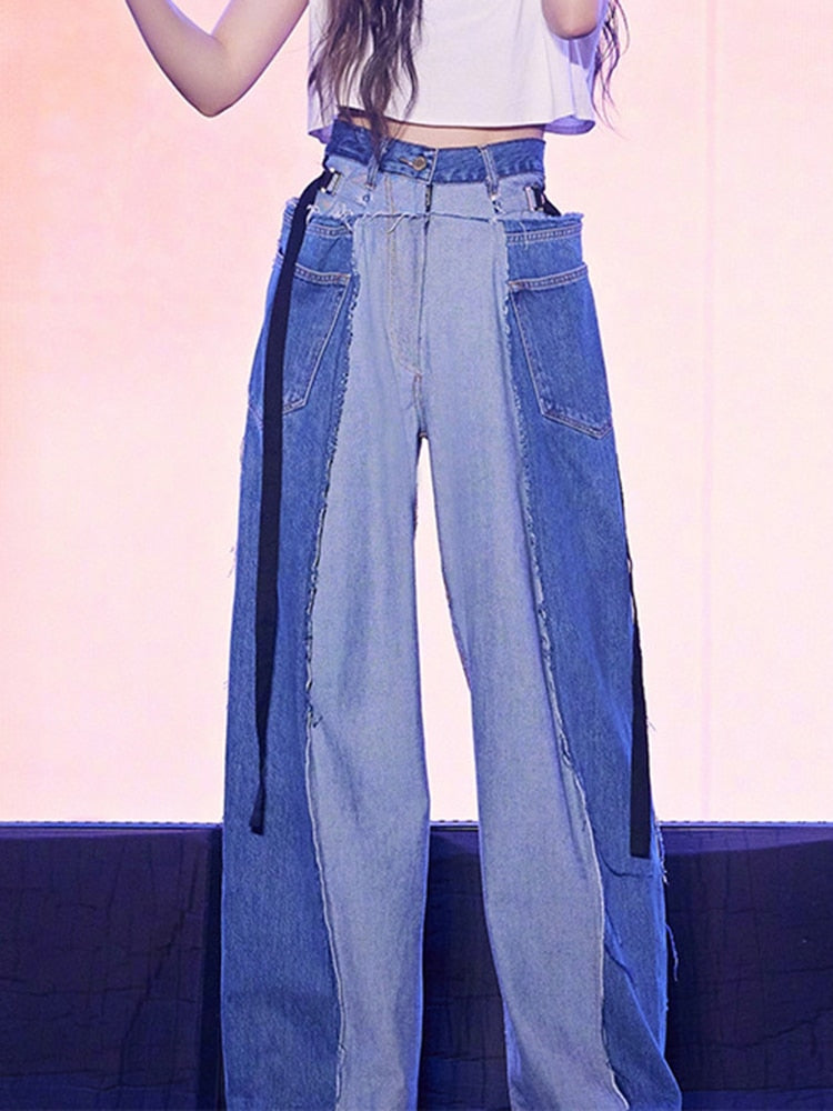 Denim Pant Lace-up Waist Color Block Raw Edge Pockets Wide-leg Floor