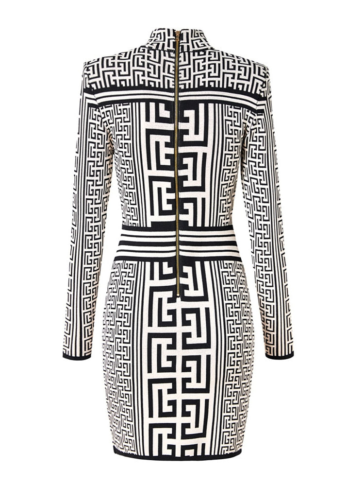 Designer Women's Standing  Geometric Pattern Long Sleeved Knitted Dress