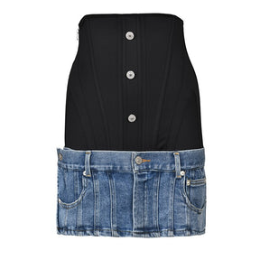 Women Skirt Spliced Contrasting Colors Single Breasted Two Pieces Mini Skirts