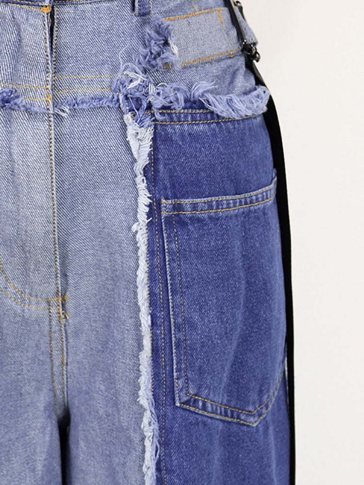 Denim Pant Lace-up Waist Color Block Raw Edge Pockets Wide-leg Floor