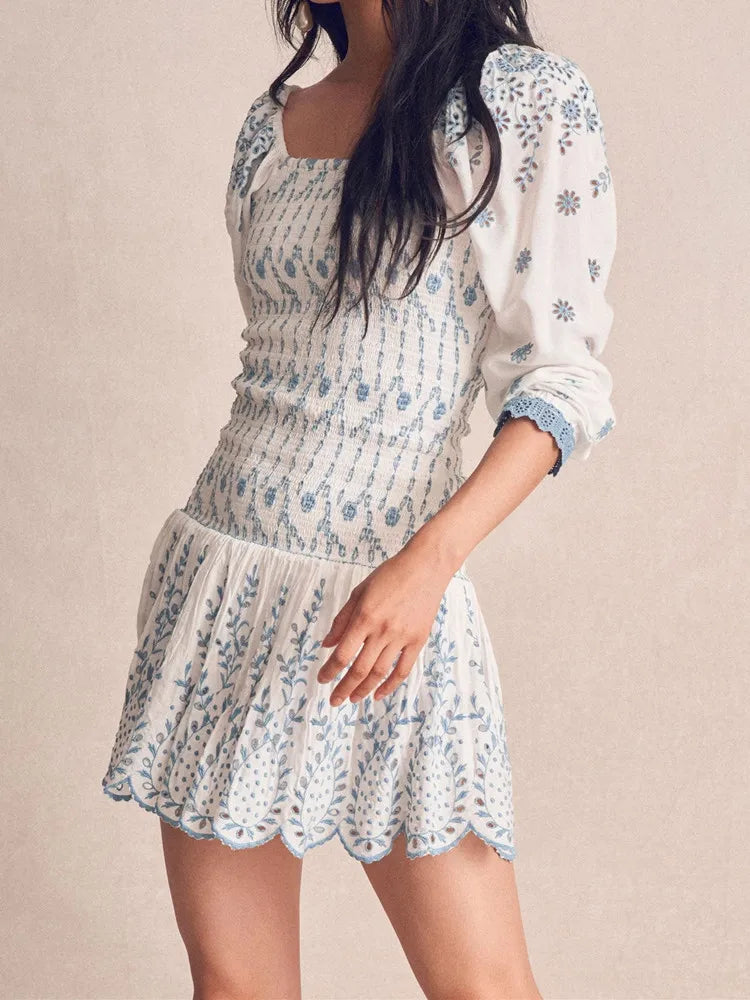 Puff Sleeve Embroidery White Blue Floral Body Elastic Ruched Mini Dress Woman Low Waist Ruffles Hem Holiday Robe