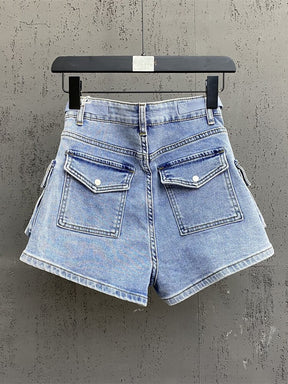 Women Denim Shorts High Waist Big Pockets Adjustable Lace-up A-line Solid Color Short Jeans