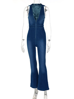 Denim Jumpsuit V Neck Zipper Bell Sleeveless Sexy Outifts Elegant Backpacker