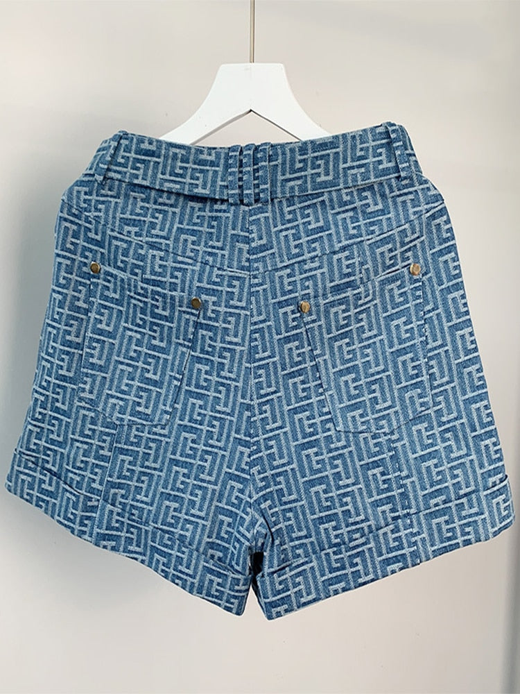 Runway Designer Skirt Women's B Button Monogram Jacquard Denim shorts