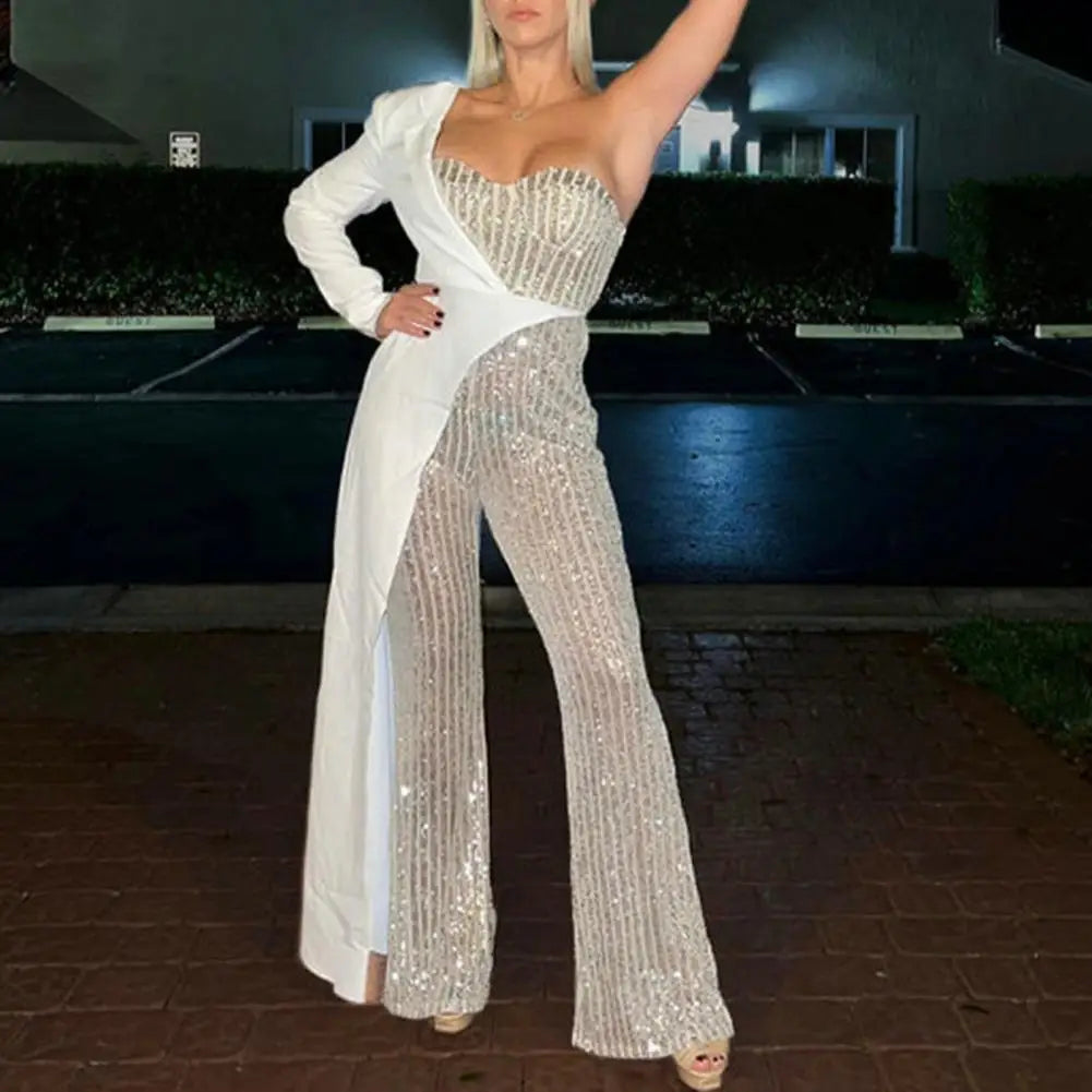 Jumpsuit Elegant One Shoulder Sequin Jumpsuit with Wide Leg Tight Waist