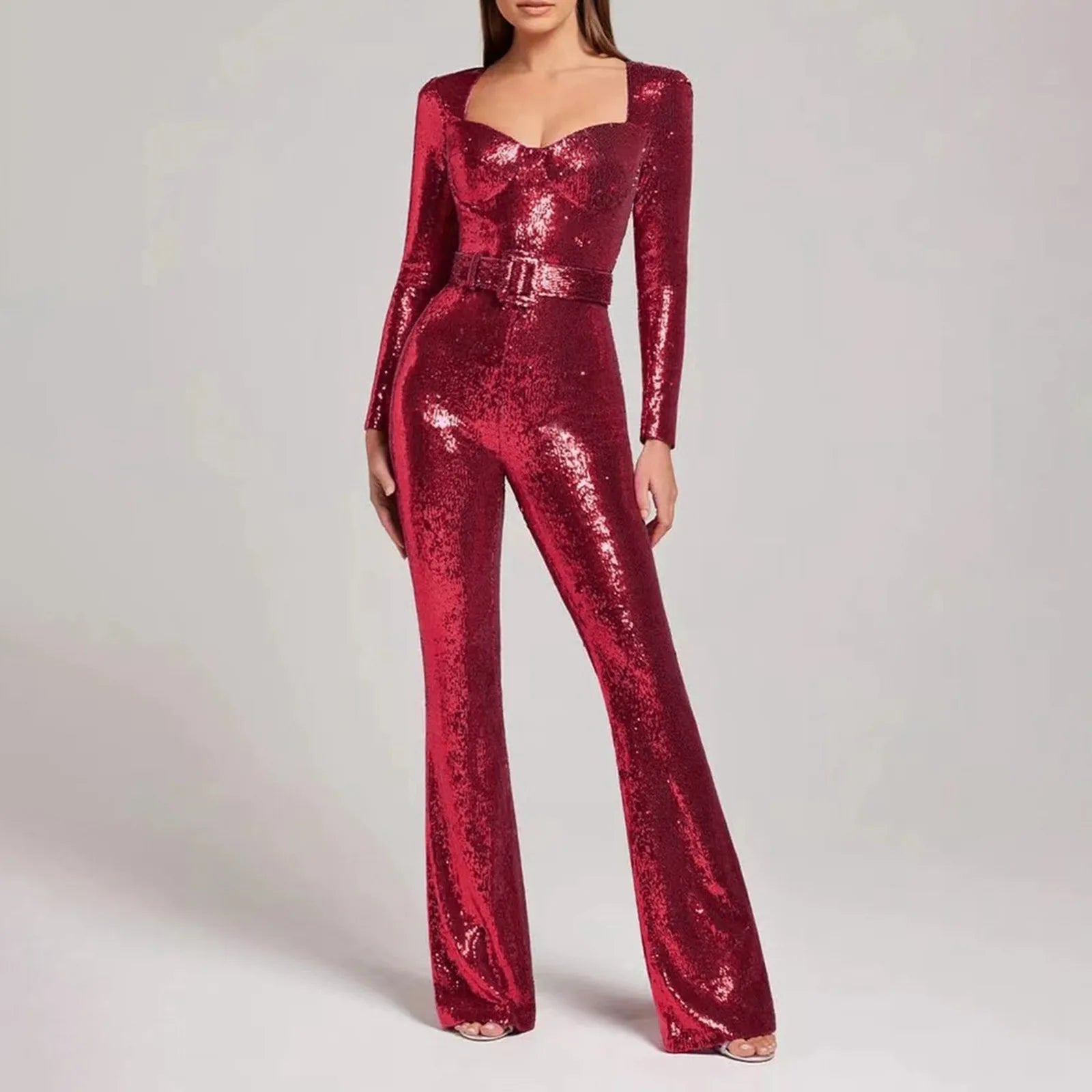 Elegant Jumpsuit Women New Fashion Sequins Belt Glitter Slim Long Sleeve Female