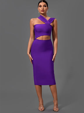 Purple Bodycon Dress Evening Party Elegant Sexy Cut Out Midi