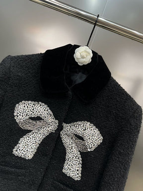 Designer Fashion Women Velvet Lapel Long Sleeved Diamond Studded Bow Tweed Jacket