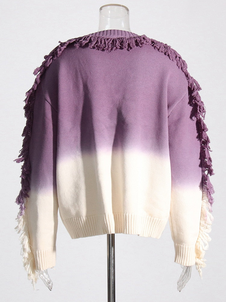 Designer Fashion Women Gradient Tassel Knitted Pullover Sweater