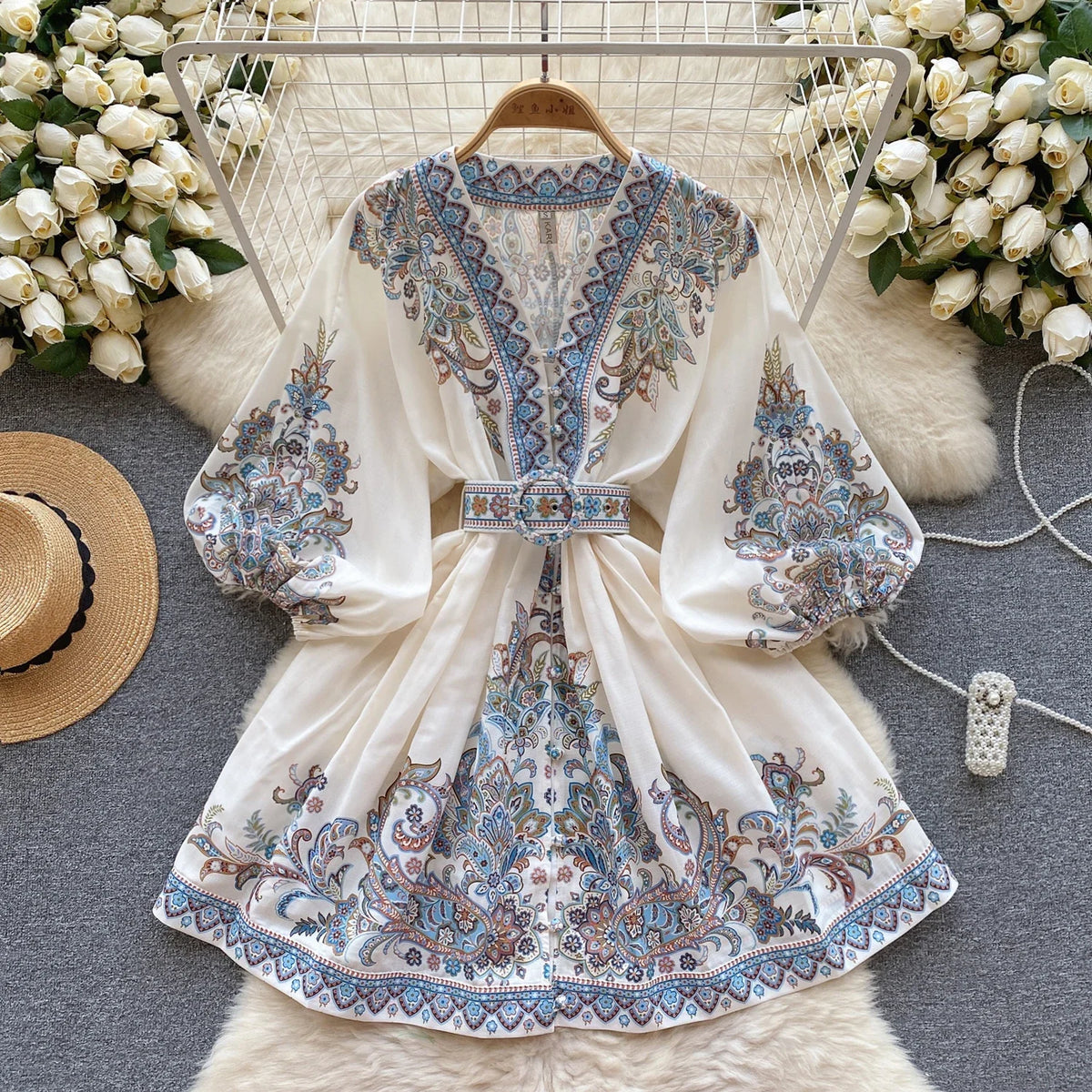 French Print V-neck Belt Puff Sleeve Long Sleeve Single Breasted Dress A-line Casual Women Fashion