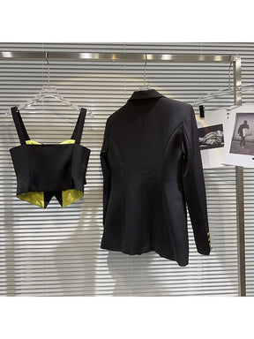 Designer Jacket Women's One Button Blazer Suspender Vest Two-Piece Set
