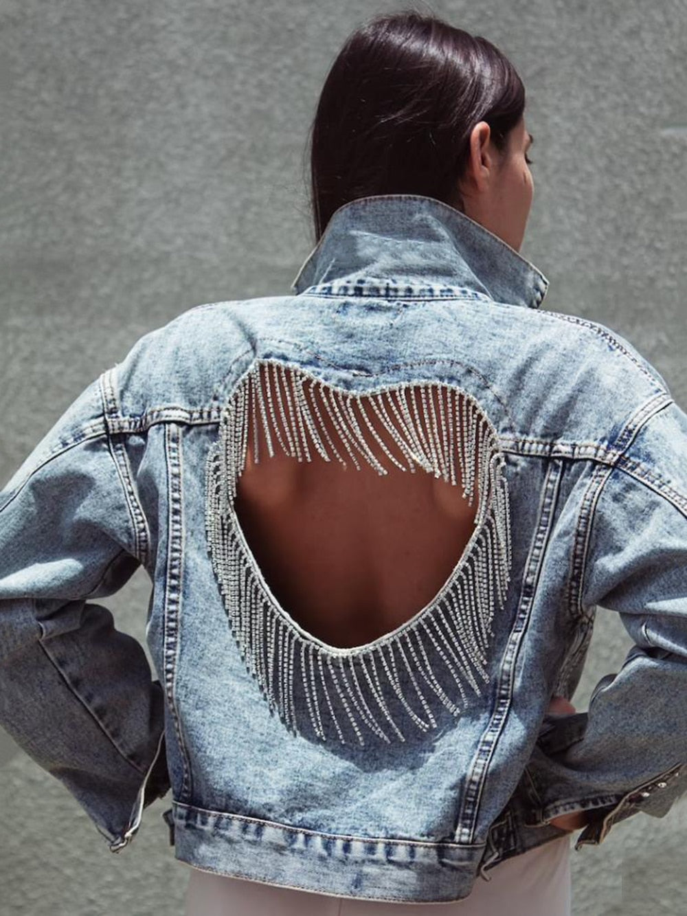 Diamond Tassel Coat Single-Breasted Open Back Women Jeans Coat
